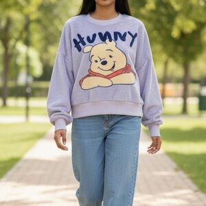 Disney Winnie the Pooh Bear Purple Sweatshirt Women's Crop Large Stretch L